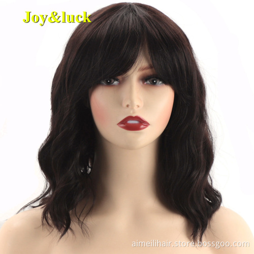 Ladies Wholesale Prices Wig With Bangs Cosplay Shoulder Length Bobo Hairstyle Natural Water Wave Copper Red Synthetic Hair Wigs